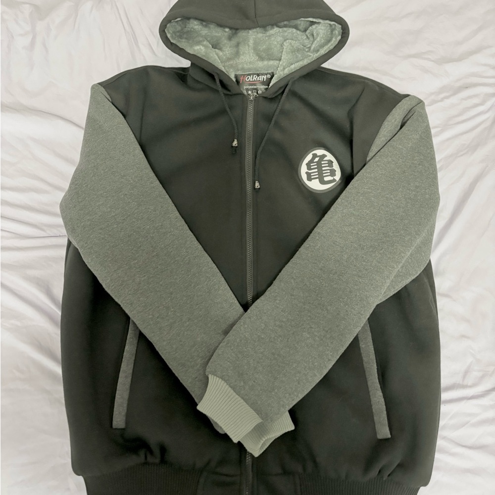 Dragon Ball Z Anime Gray and Black Zip-Up Hoodie with Faux Fur Lining